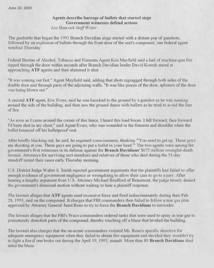Newspaper article, dated June 30, 2000, with the headline Agents Describe Barrage of Bullets that Started Seige, Government Witnesses Defend Actions (1 of 3)