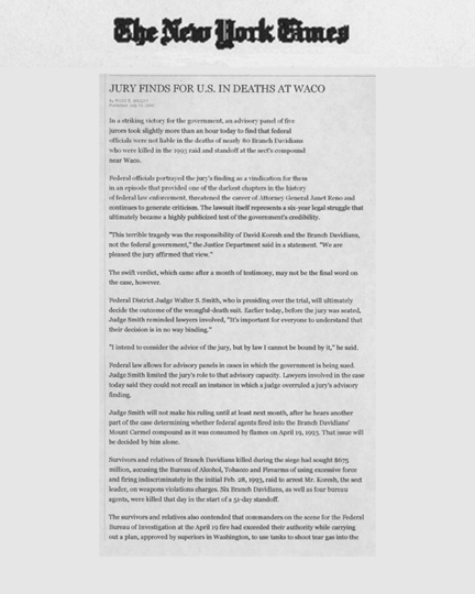 The New York Times article with the headline, Jury Finds for U.S. in Deaths at Waco (1 of 3)