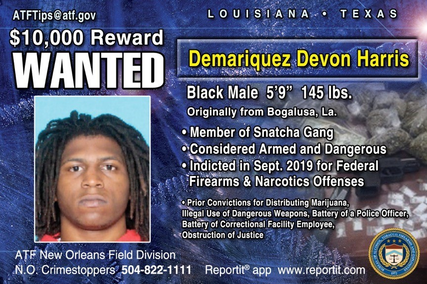 Wanted Poster: Demariquez Devon Harris, Black Male, 5'9", 145 lbs., Member of Snatcha Gang, Considered armed and dangerous