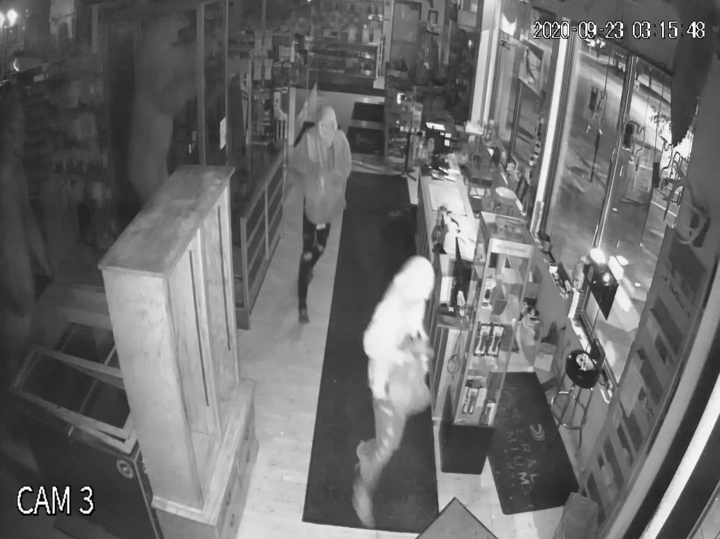Still-frame of surveillance footage captured during the break-in at First Stop Gun & Coin, Sept. 23.