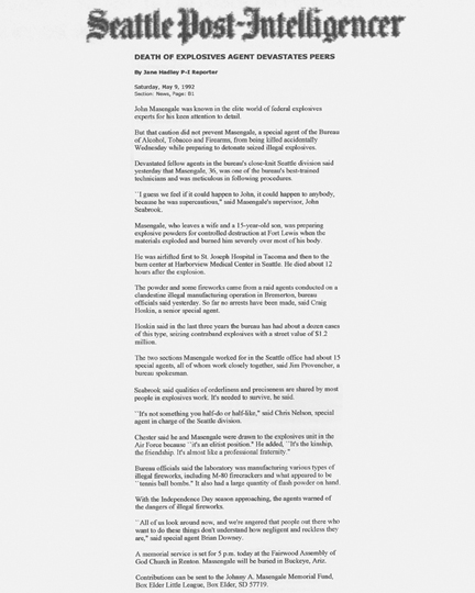 The Seattle Post-Intelligencer newspaper article with headline, Death of Explosives Agent Devastates Peers