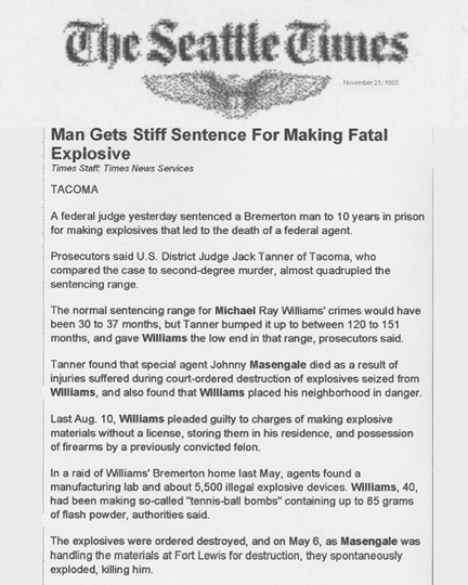 The Seattle Times article, dated November 21, 1992, with the headline Man Gets Stiff Sentence for Making Fatal Explosive