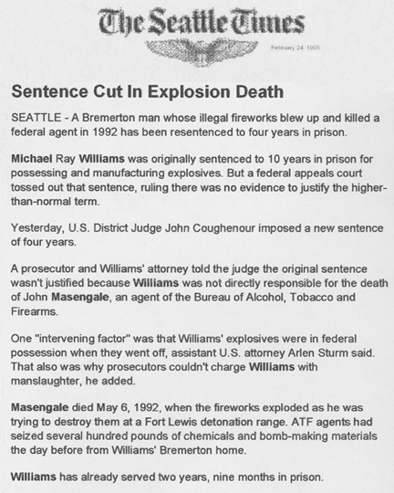The Seattle Times article, dated February 24, 1995, with the headline Sentence Cut in Explosion Death