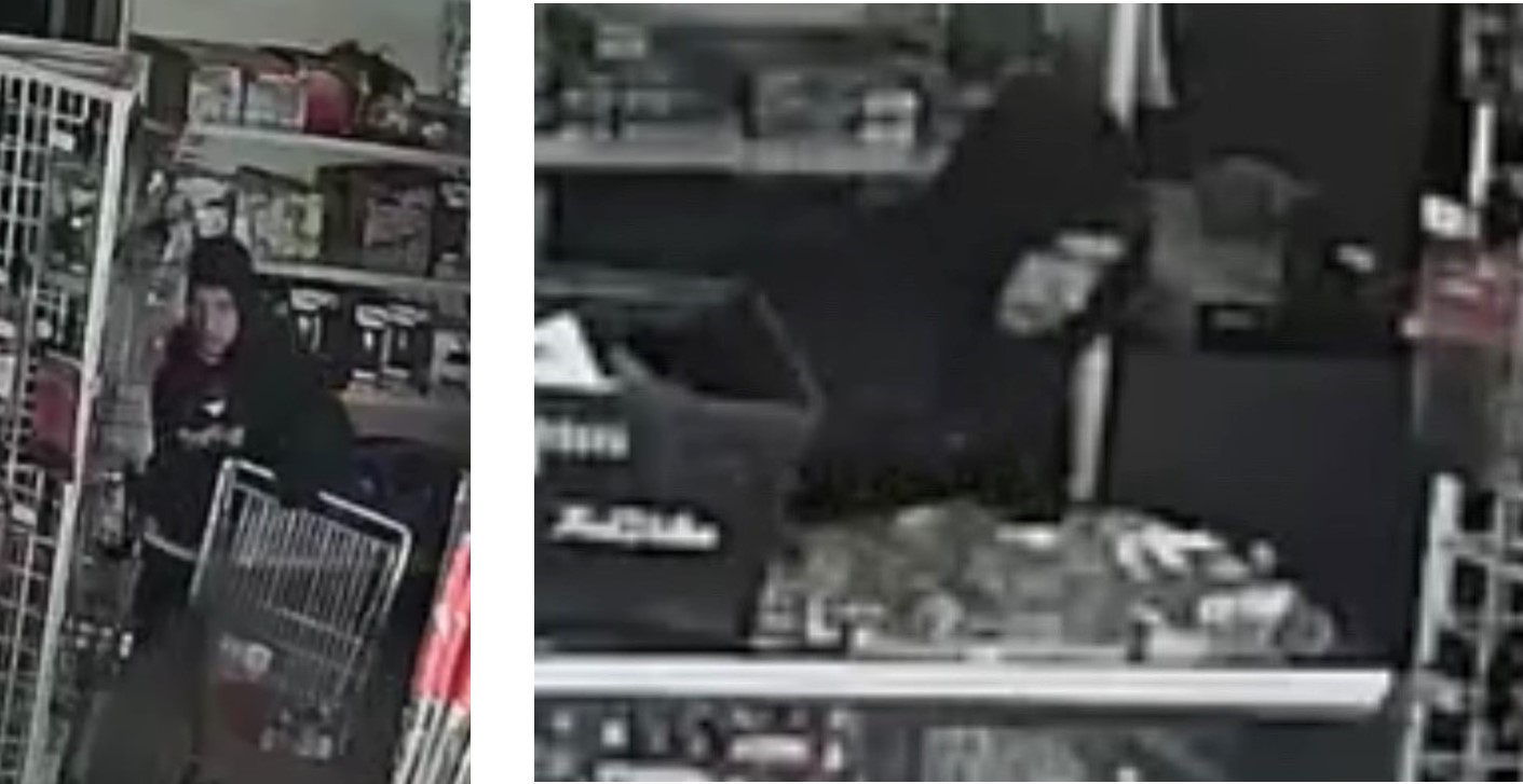 Surveillance footage of suspect in hoodie in LaCroix's True Value.