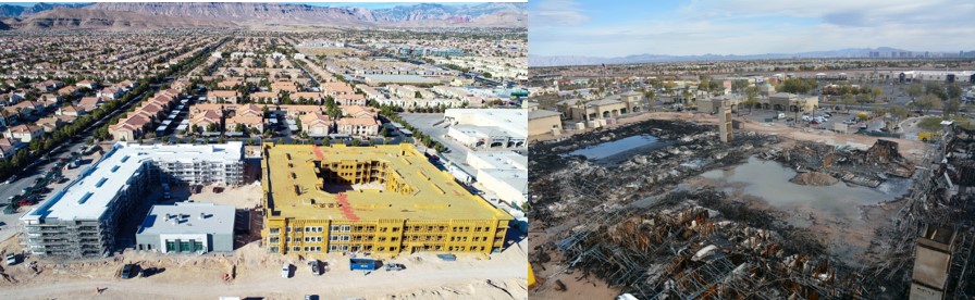 Side by side comparison of before and after the arson that left buildings being constructed damaged.