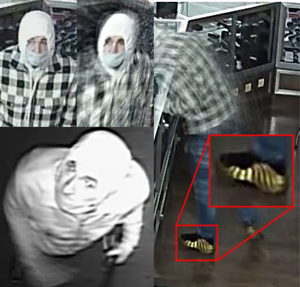 Male suspect, fair skinned, wearing a mask, white hoodie, black and white checkered shirt, and gold Nike foamposites.