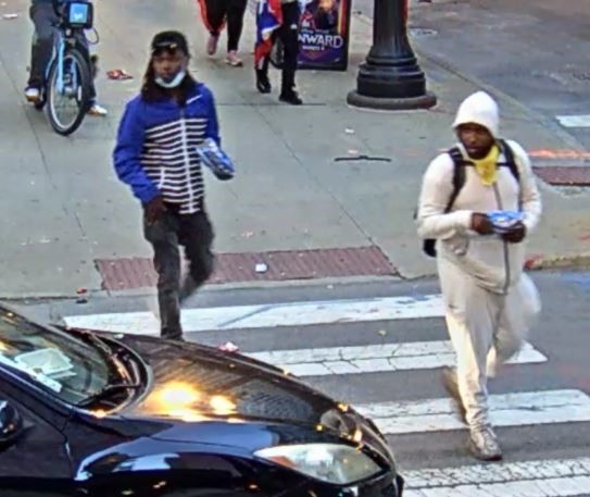 Suspect #2 wears a blue/black striped jacket, and Suspect #3 a white hoodie.