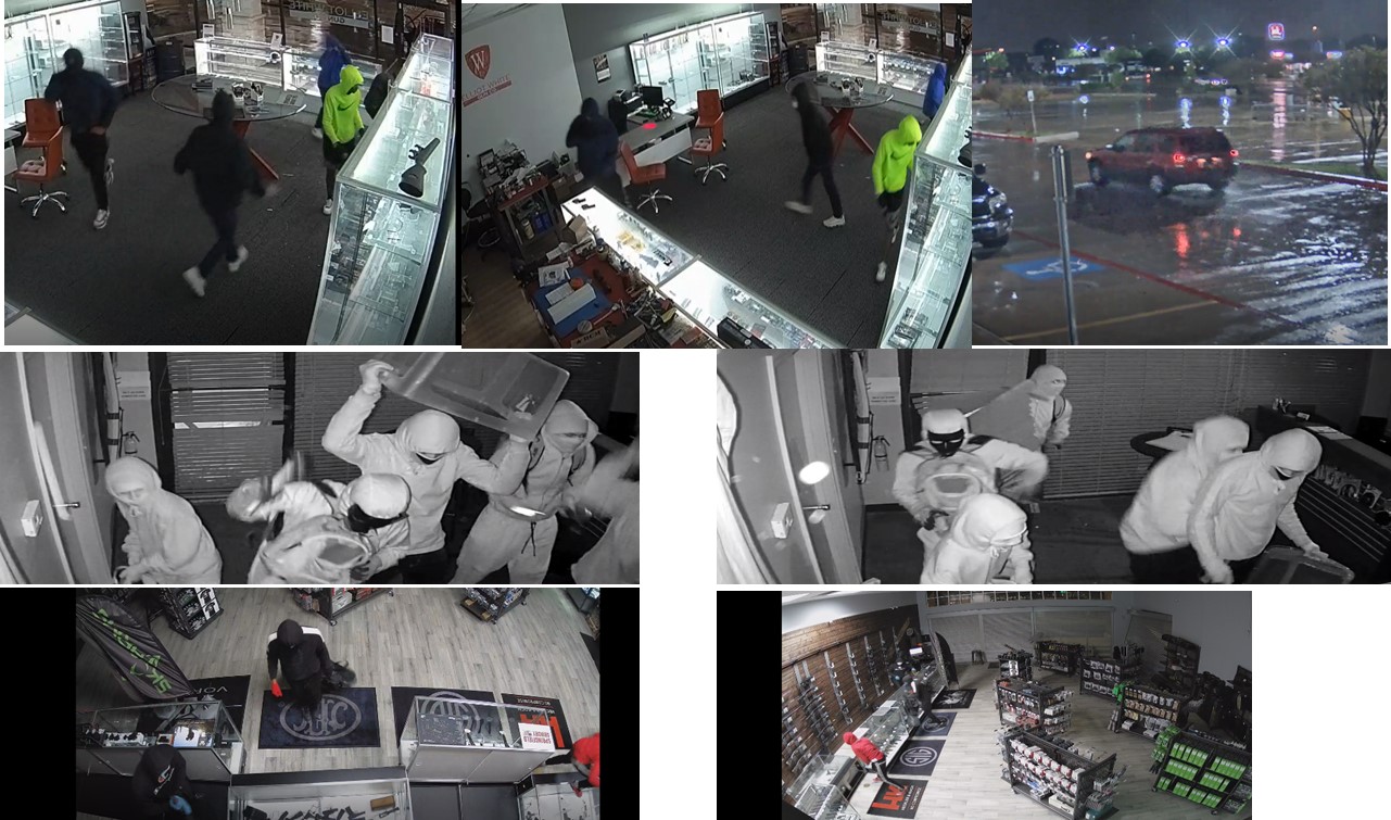 Four to five unidentified individuals in the processes of stealing firearms from three different FFLs.