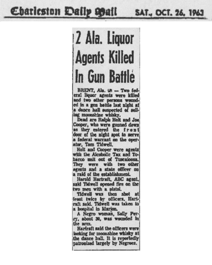 Charleston Daily Mail, dated Saturday, October 26, 1963, with the headline, Two Alabama Liquor Agents Killed in Gun Battle