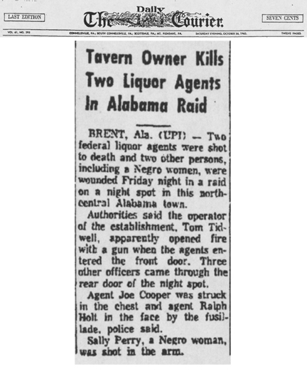 The Daily Courier article with the headline, Tavern Owner Kills Two Liquor Agents in Alabama Raid