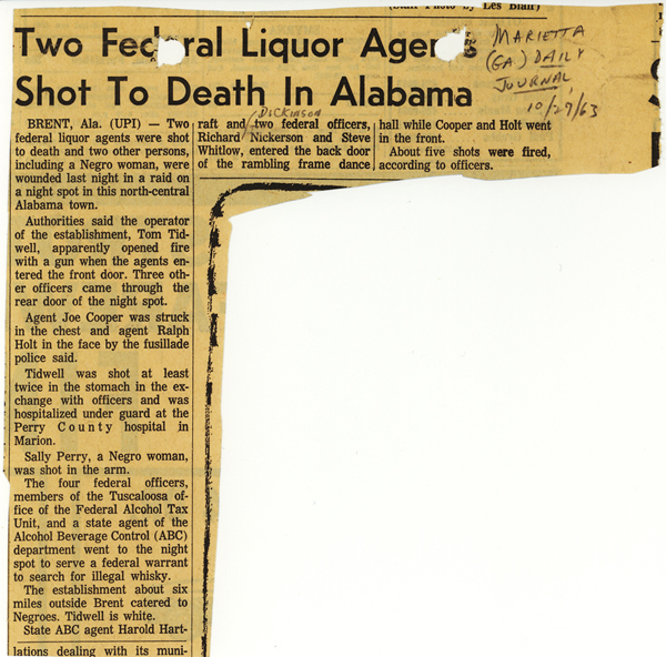Marietta Daily Journal article with headline, Two Federal Liquor Agents Shot to Death in Alabama