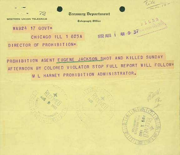 Telegram regarding the death of Agent Eugene Jackson