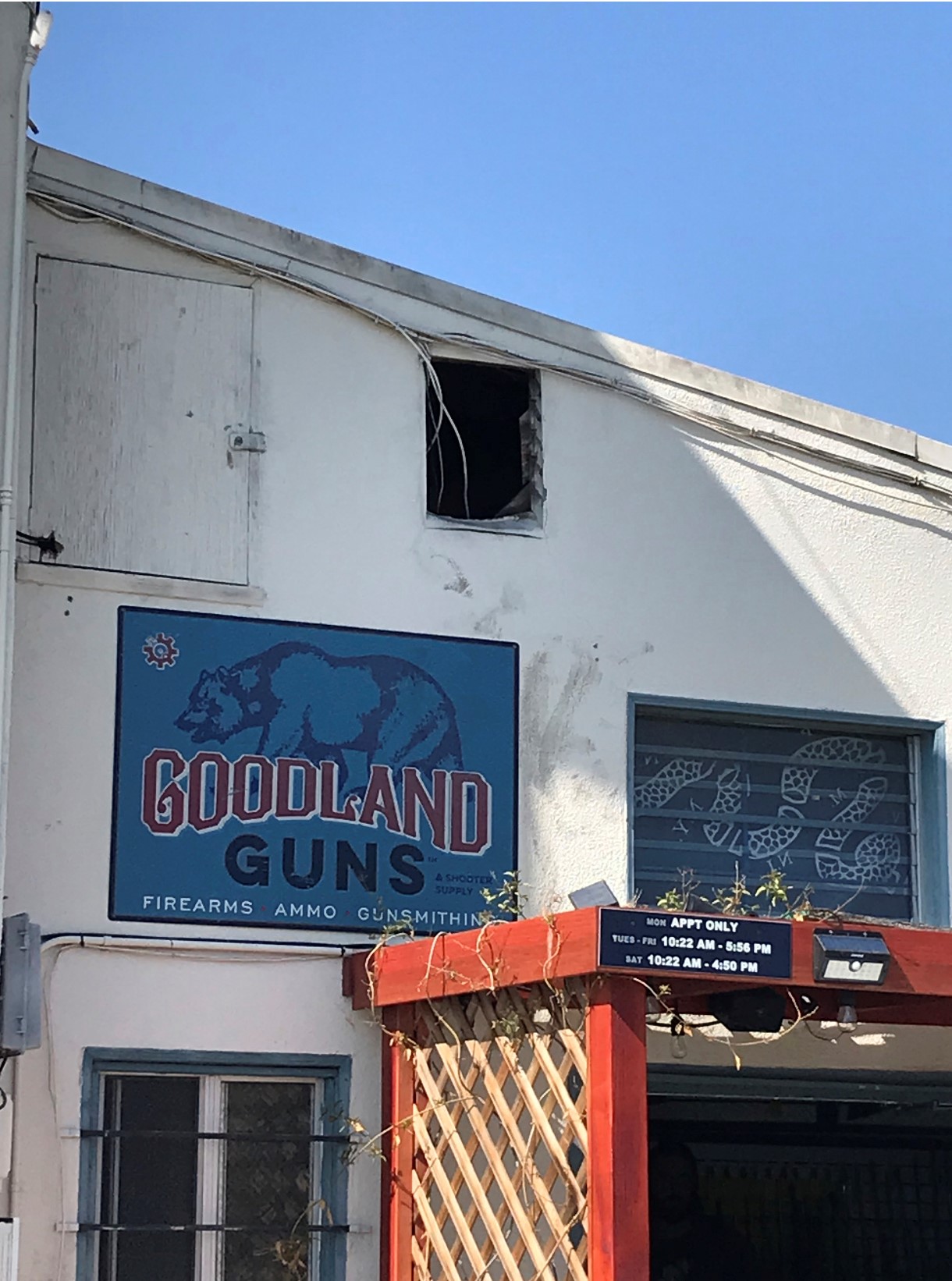 The hole in the wall where the suspect(s) entered into Goodland Guns.