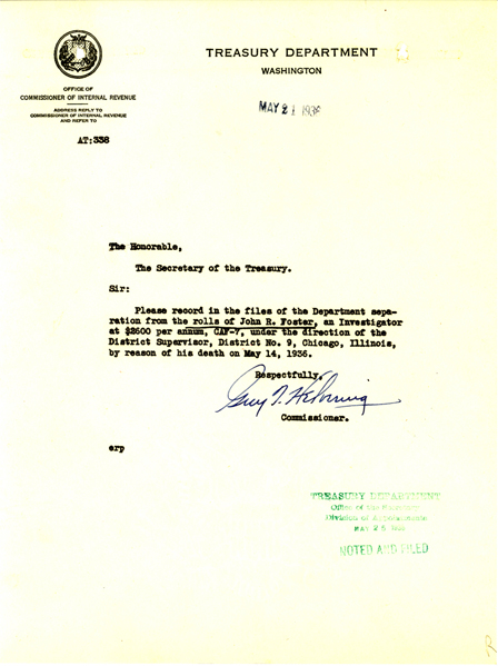 Work Memorandum removing John Foster from the rolls