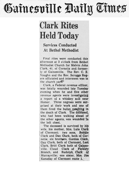 Image of the Gainesville Daily Times newspaper article with headline, Clark Rites Held Today