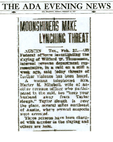 Newspaper article from The ADA Evening News, dated February 23, 1937 with headline: Moonshiners Make Lynching Threat