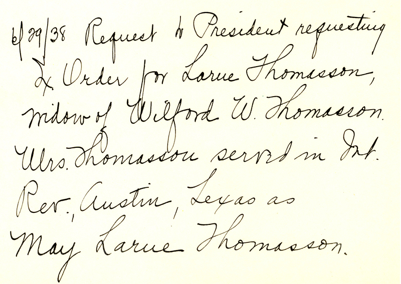 Note regarding an order for Larue Thomasson