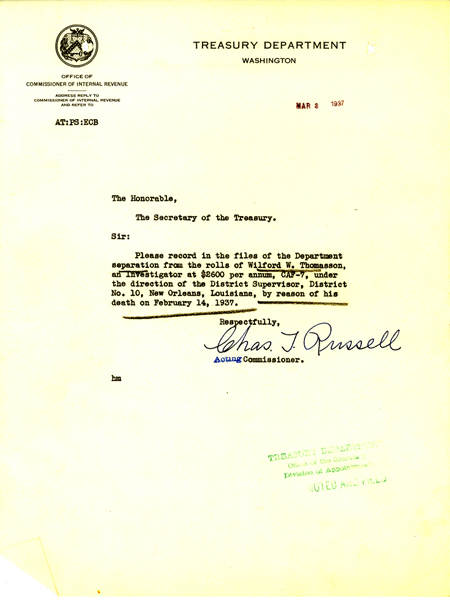 Memorandum to the File removing Wilford Thomasson from roll