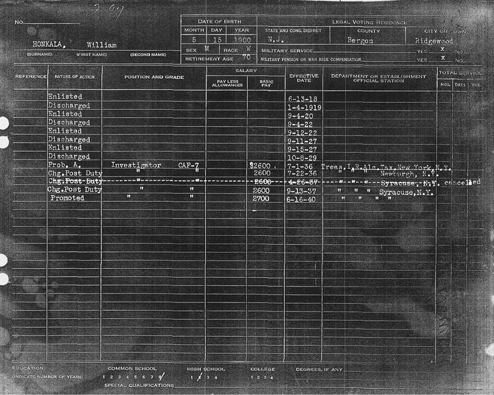 William Honkala Employment Card