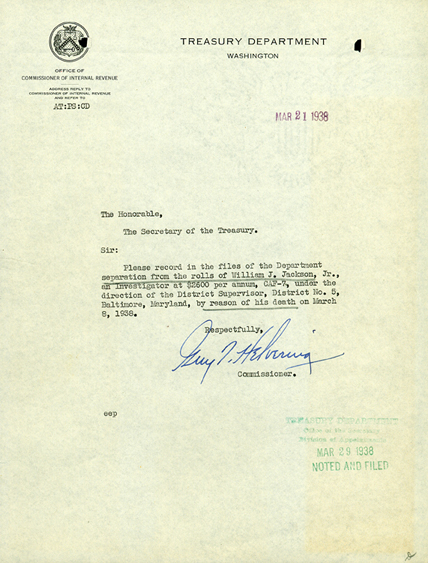 Memorandum to the File removing William Jackson from roll