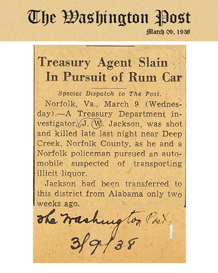 Newspaper article from The Washington Post, dated March 9, 1938, with headline: Treasury Agent Slain In Pursuit of Rum Car