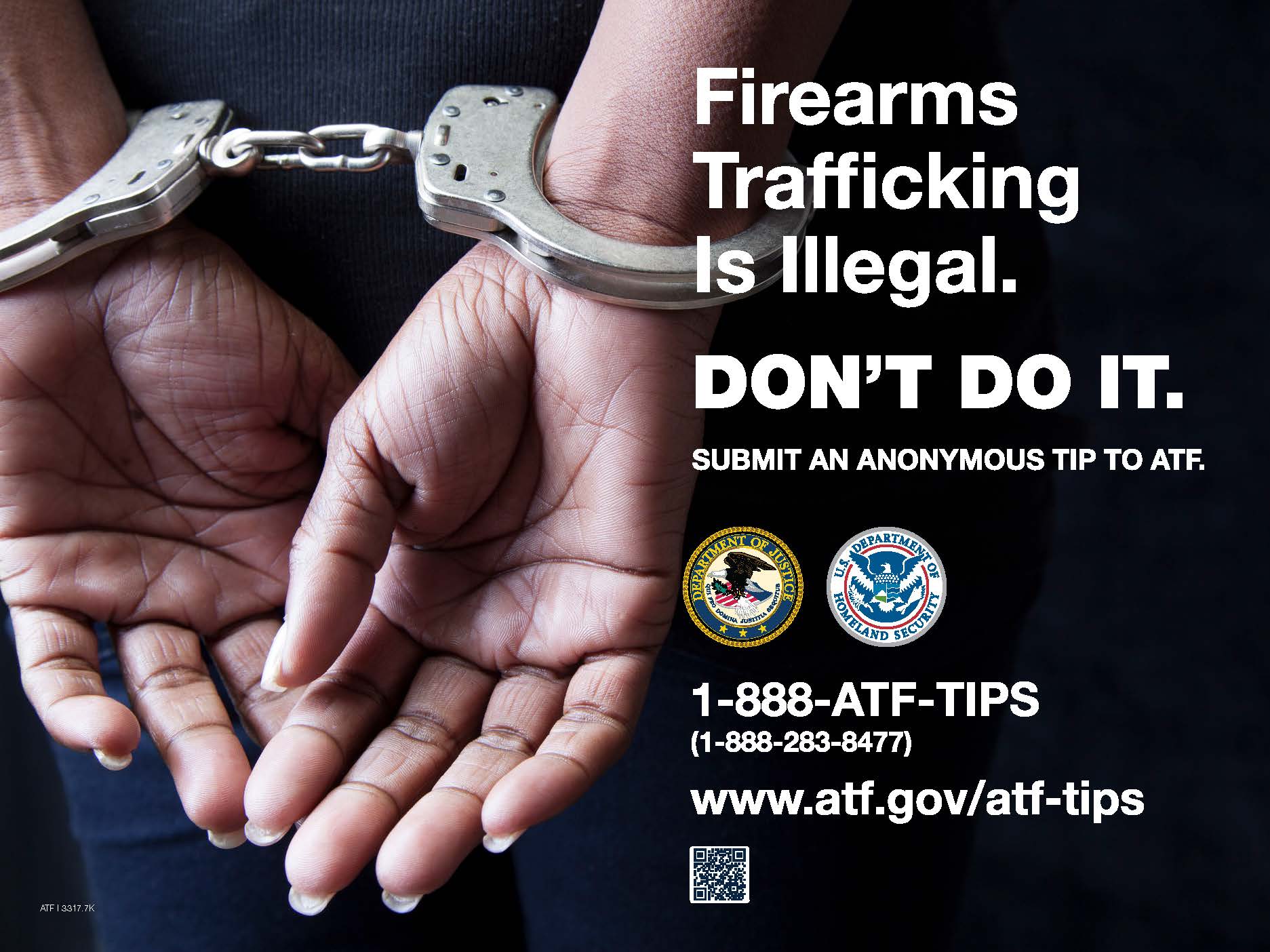 Anti-firearms trafficking poster featuring a person's hands cuffed
