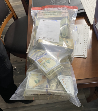 A bag of seized currency.