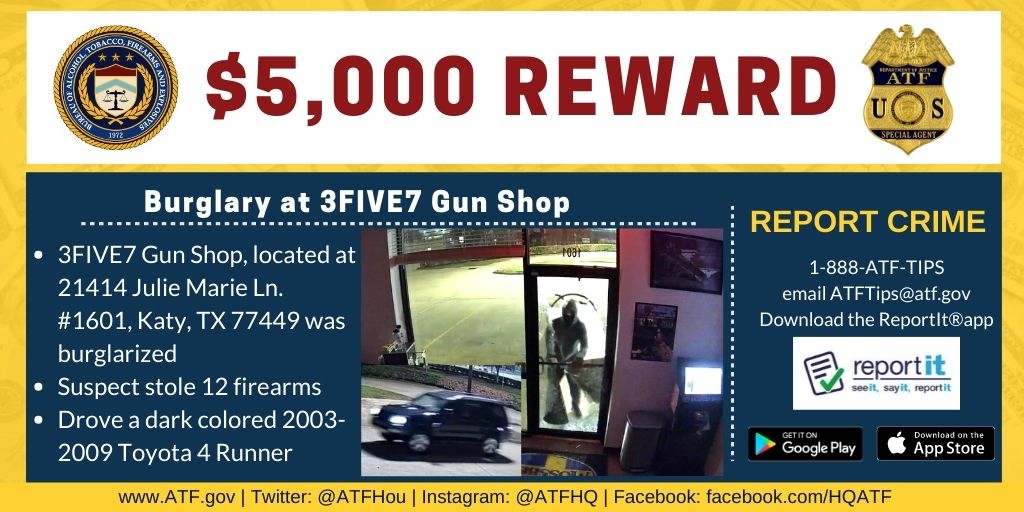 Graphic depicting a $5,000 reward regarding information about a burglary at the 3FIVE7 gun shop.