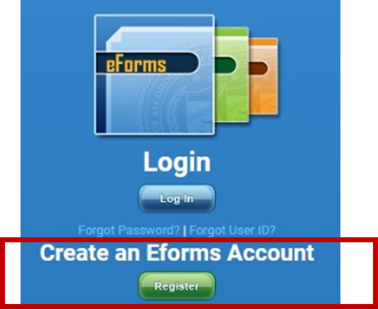 Screenshot of the account registration button on the eForms website.