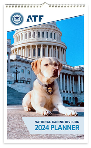 Cover of 2024 ATF Canine Planner, featuring Piper, a yellow labrador retriever, in front of a government building