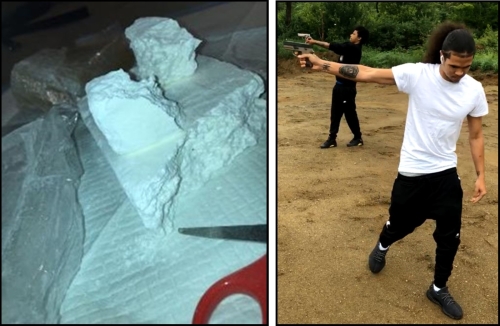 A photo of drugs and a photo of two men firing guns in a wooded area.