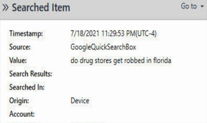 Photo of  screen shot of google search “do drug stores get robbed in florida,” just weeks prior to the first robbery. 