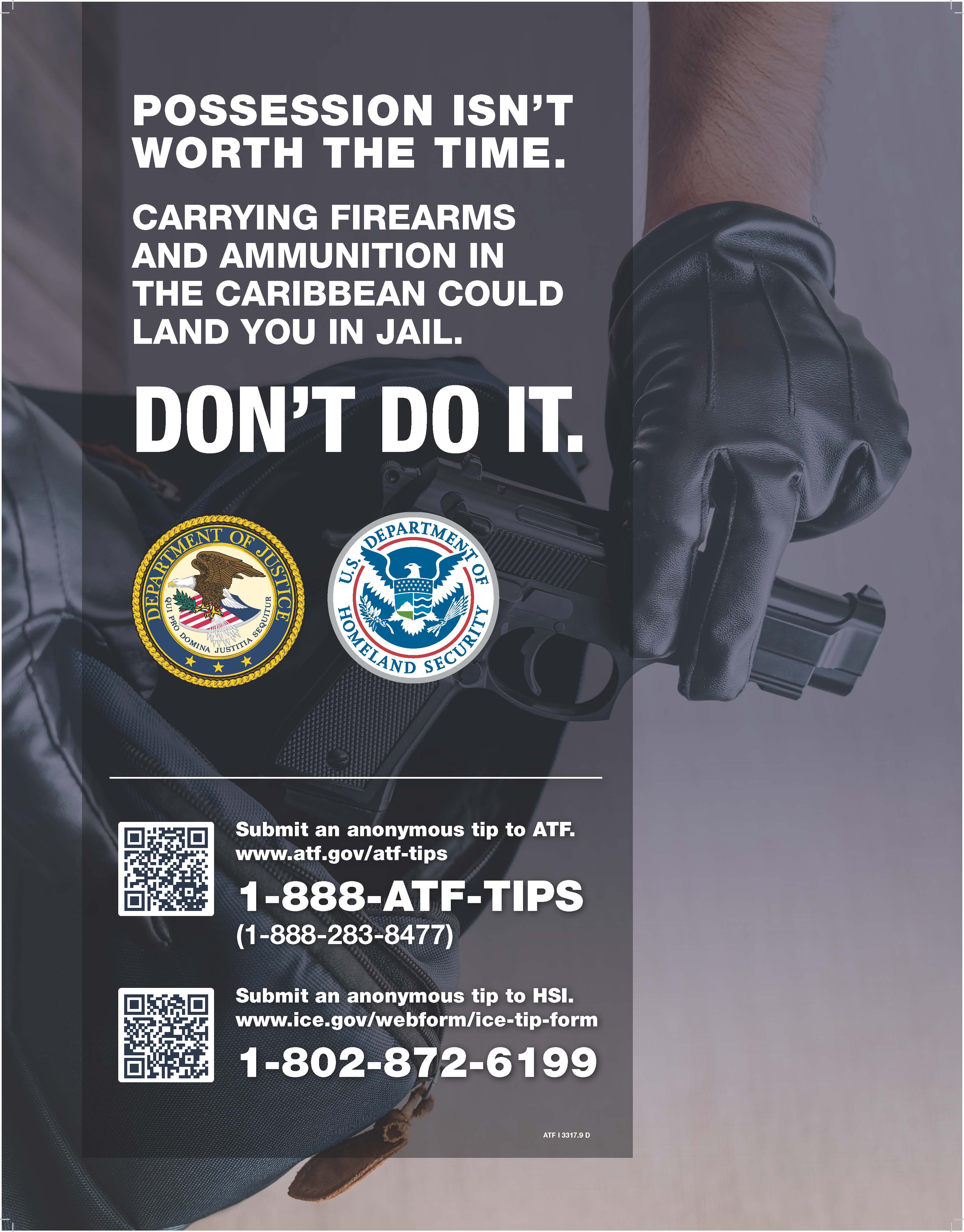 ATF I 3317.9 D CARICOM Anti-Firearms Trafficking Campaign Poster: gloved hands holding a firearm