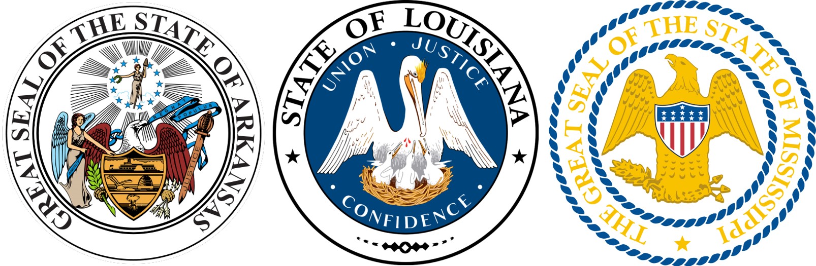 State seals for Arkansas, Louisiana, and Mississippi