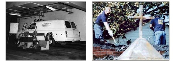 Two images. The left is an ATFD van on scene at an arson with investigation tools next to it.  The right is two ATFD agents digging through the rubble of a burt down church