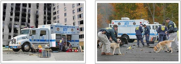 Two images. The left is the current ATF National Response Team (NRT) vehicle and an ATF agent next to it.  The right shows ATF agents and accelerant detection canines investigating an arson with the NRT vehicle in the background.