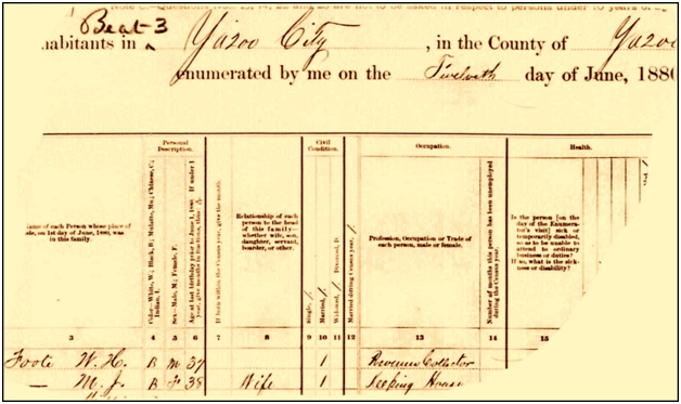 1880 census record indicating William Foote's occupation as a Revenue Collector
