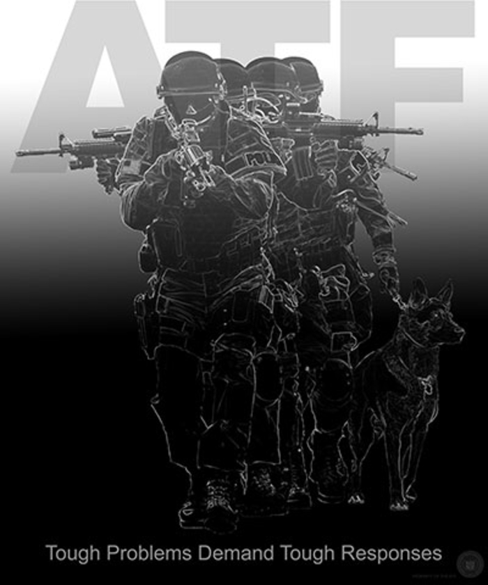 ATF Special Response Team with Canine. Caption: Tough problems demand tough responses
