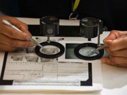 Fingerprint specialist examines fingerprints on a card