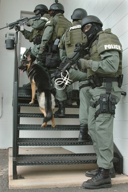 Armed ATF Special Response Team agents standing on a set of stairs, preparing to enter a building