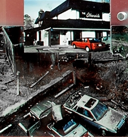 Explosion area before and after of a black and white building and two cars
