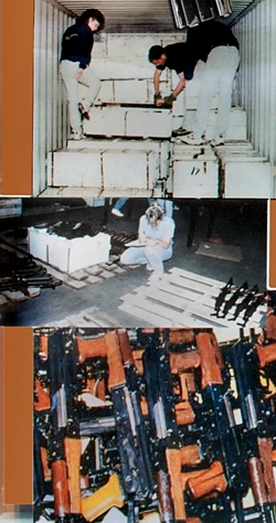 ATF agents confiscating firearms, taking inventory of captured guns and a pile of rifles.
