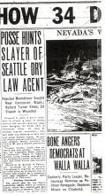 Image of newspaper article with headline: Posse Hunts Slayer of Seattle Dry Law Agent