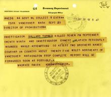 Image of telegram regarding the death of Investigator Ballard Tuner