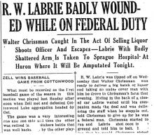 Image of a newspaper article with headline R W Labrie Badly Wounded While on Federal Duty