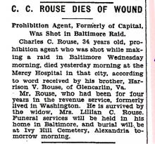 Image of a newspaper article with headline, C C Rouse Dies of Wound