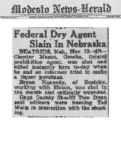 Image of newspaper article in Modesto News-Herald with headline: Federal Dry Agent Slain in Nebraska