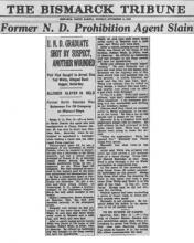 Image of newspaper article in The Bismarck Tribune, with headline Former N.D. Prohibition Agent Slain