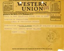Image of telegram regarding the death of Investigator Chester Mason