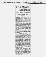 Newspaper - Image of newspaper article from The Lincoln Star, dated July 21, 1931 with the headline K.C. Gunman is Slain in Raid